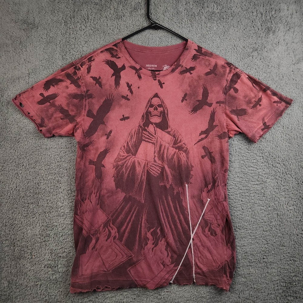Affliction Grim Reaper Skull Corn Crows Shirt Mens Medium Distressed AOP Raw Hem